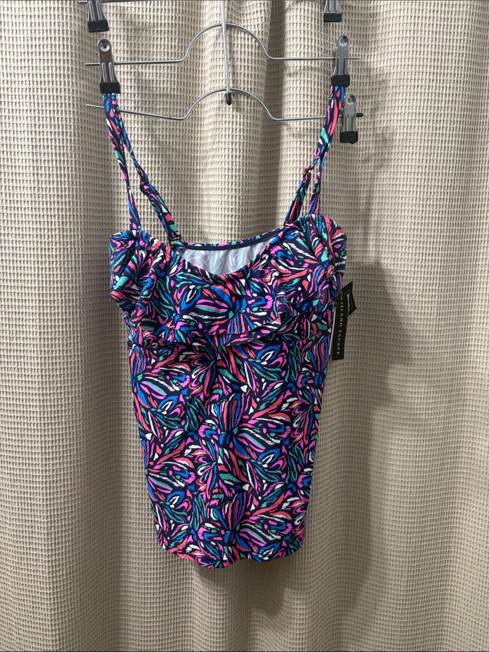 Island Escape Purple Pink Blue Leaf-Print Camisole with Ruffle